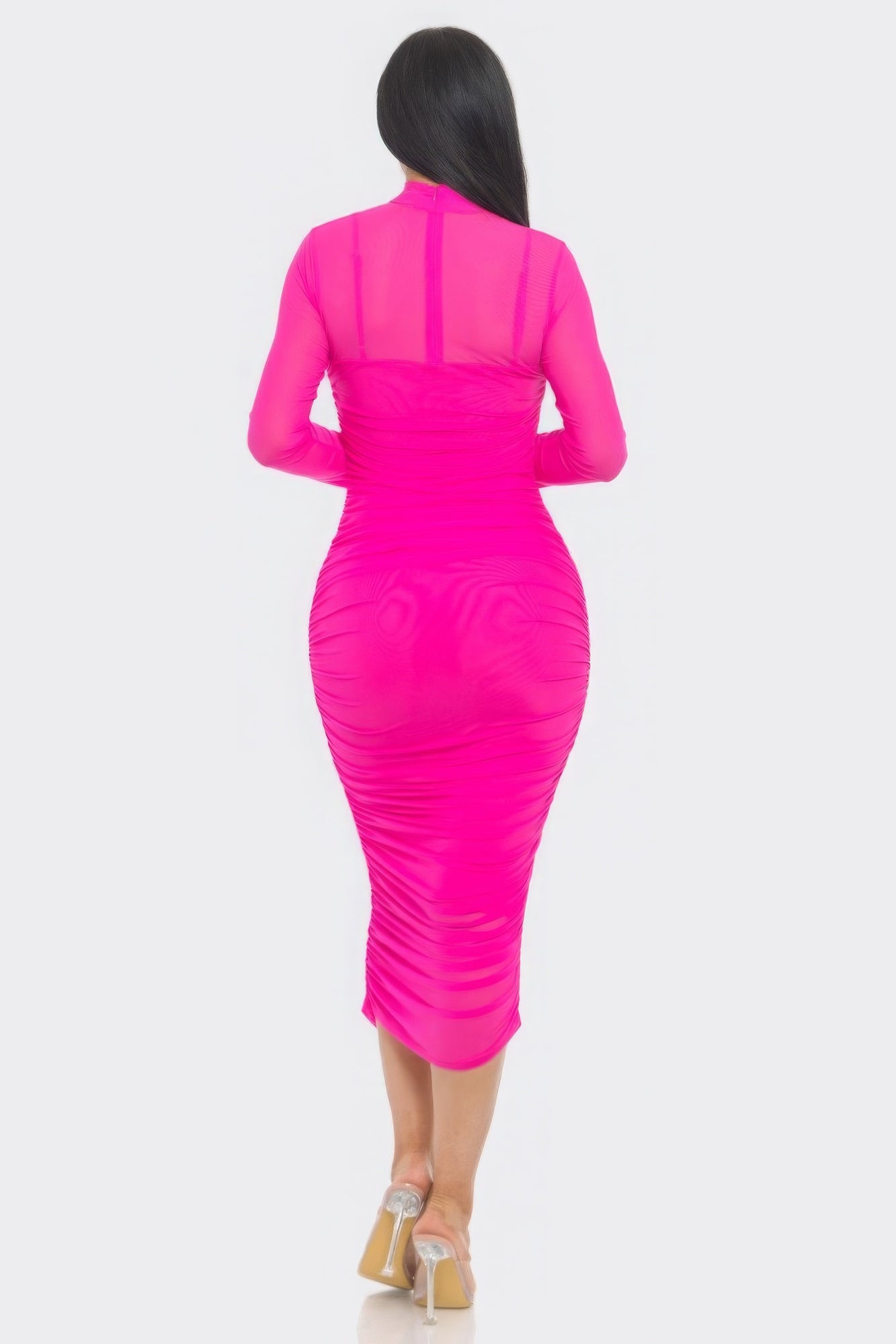 Elegant Solid Mesh Ruched Midi Dress - Brinxx Couture