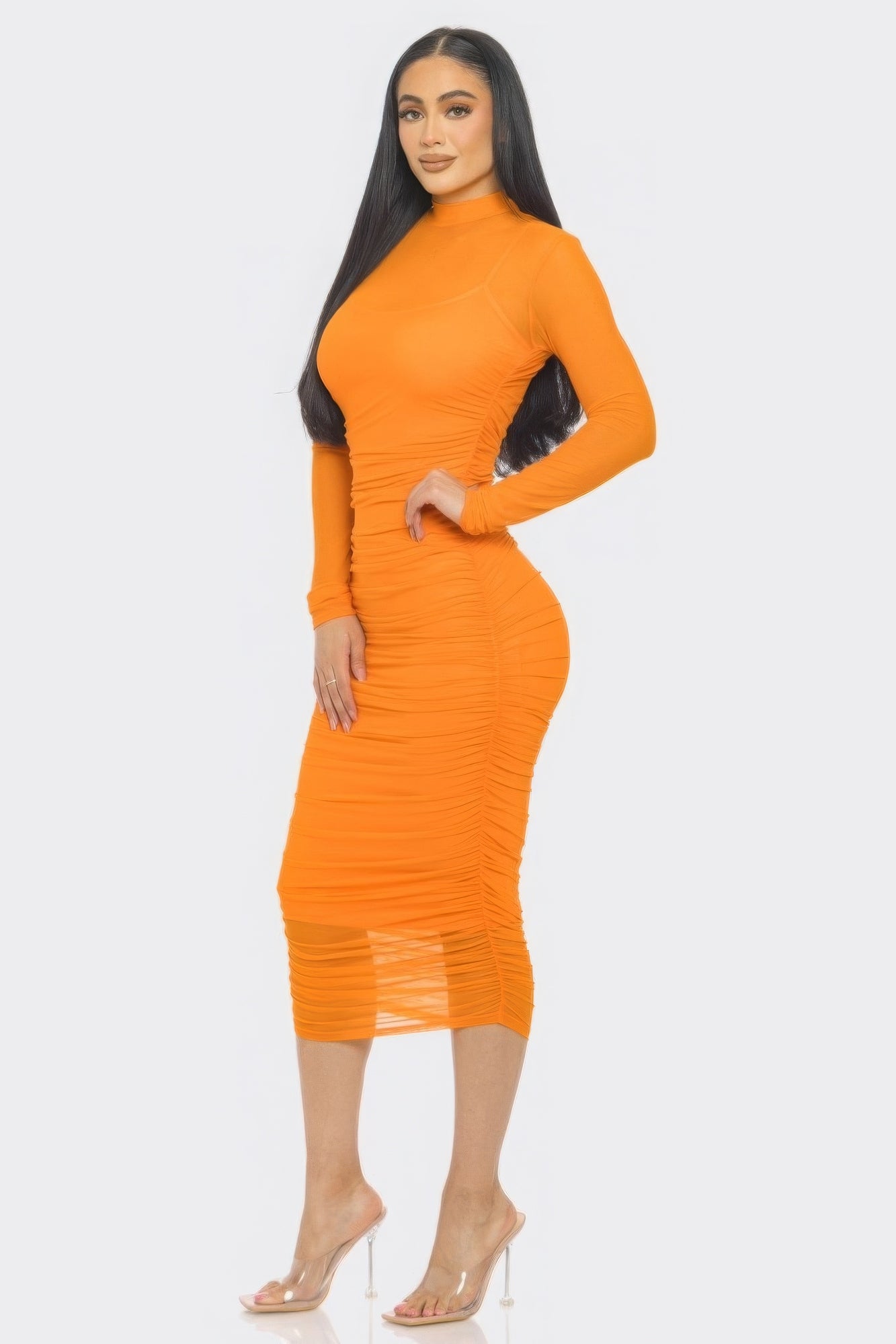 Elegant Solid Mesh Ruched Midi Dress - Brinxx Couture