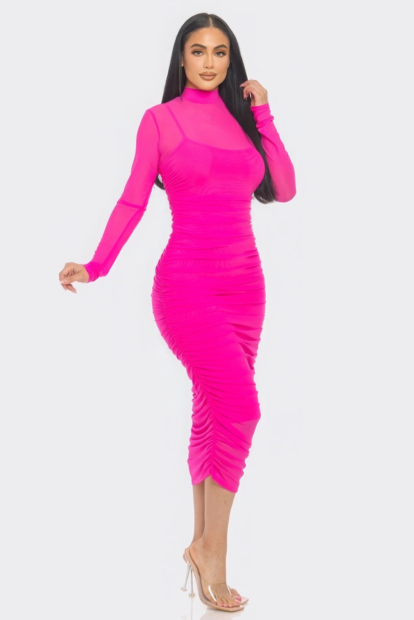 Elegant Solid Mesh Ruched Midi Dress - Brinxx Couture