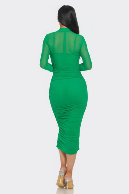 Elegant Solid Mesh Ruched Midi Dress - Brinxx Couture