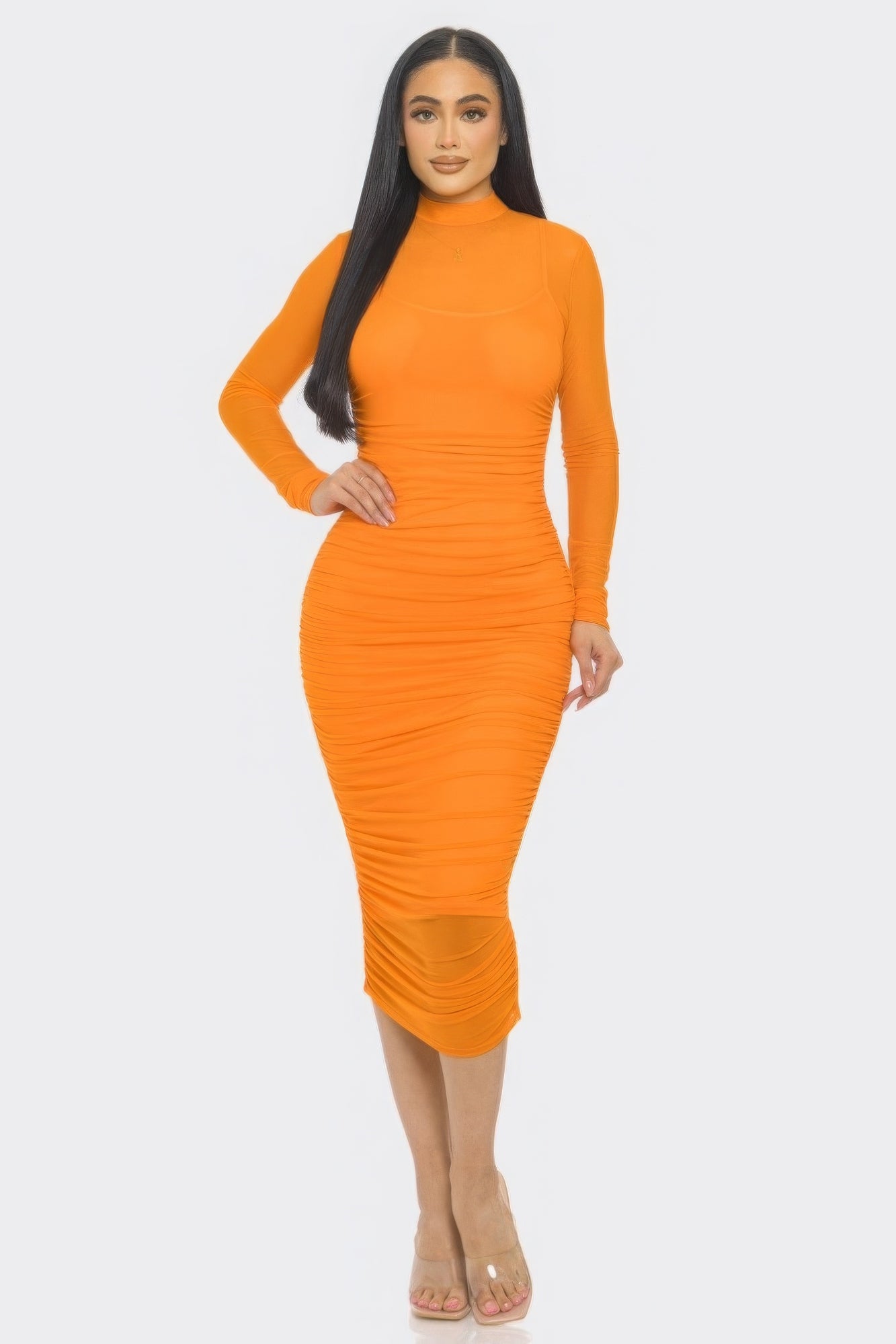 Elegant Solid Mesh Ruched Midi Dress - Brinxx Couture