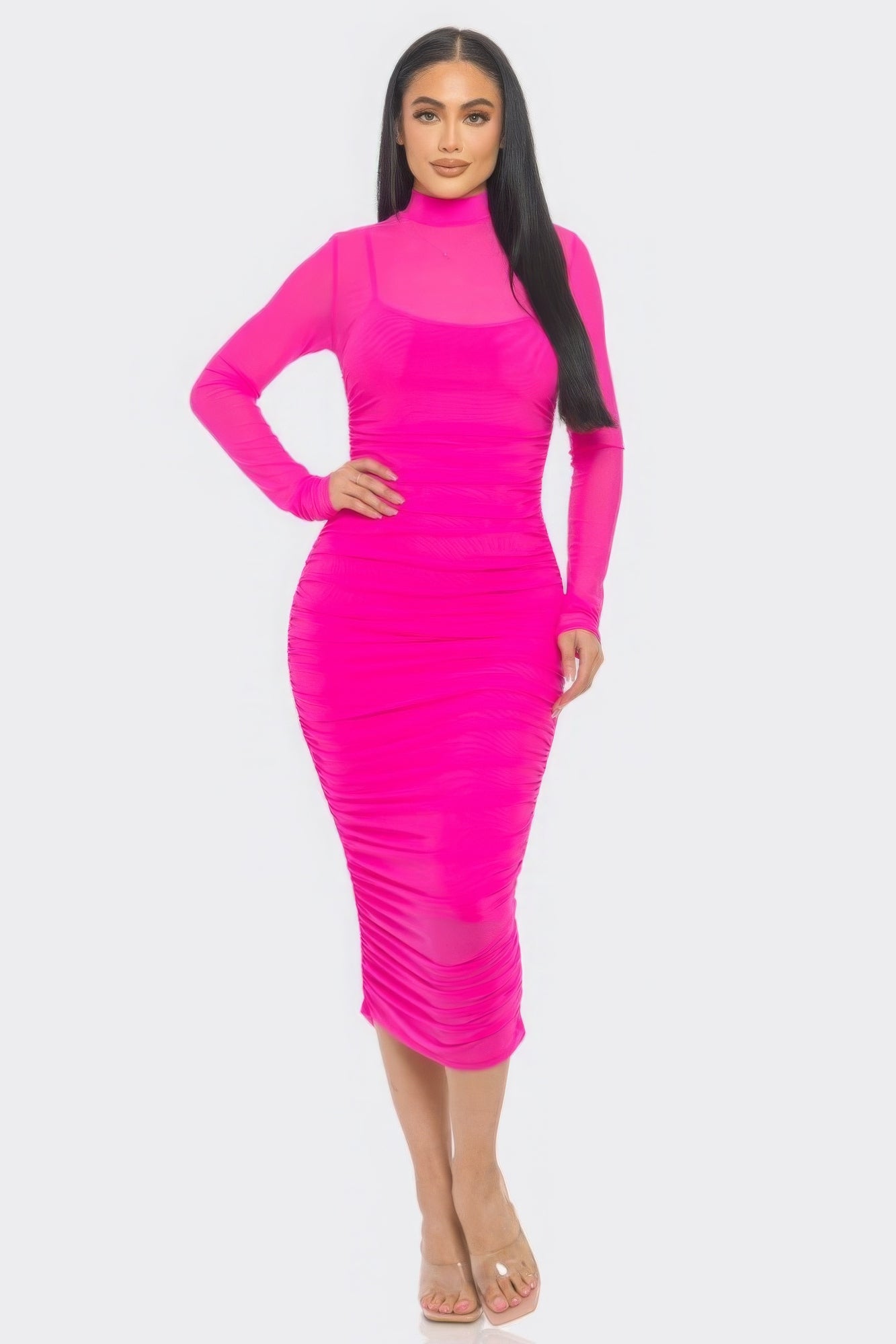 Elegant Solid Mesh Ruched Midi Dress - Brinxx Couture