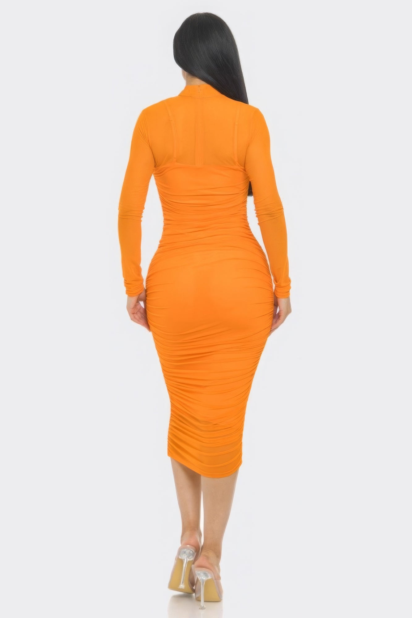 Elegant Solid Mesh Ruched Midi Dress - Brinxx Couture