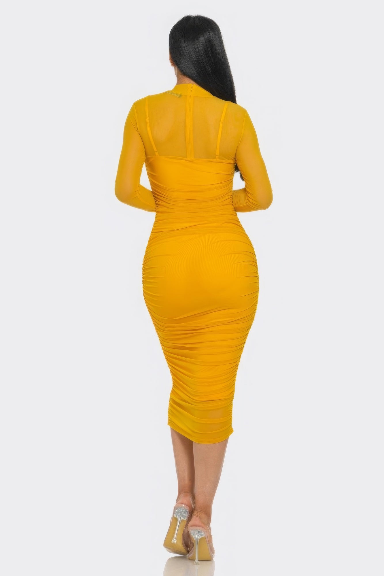 Elegant Solid Mesh Ruched Midi Dress - Brinxx Couture