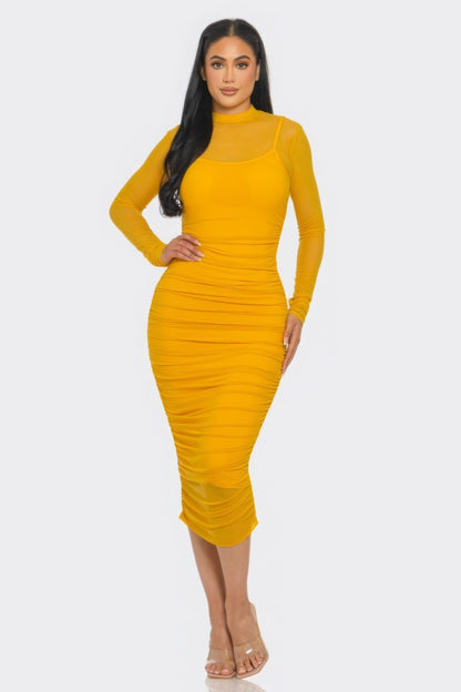 Elegant Solid Mesh Ruched Midi Dress - Brinxx Couture