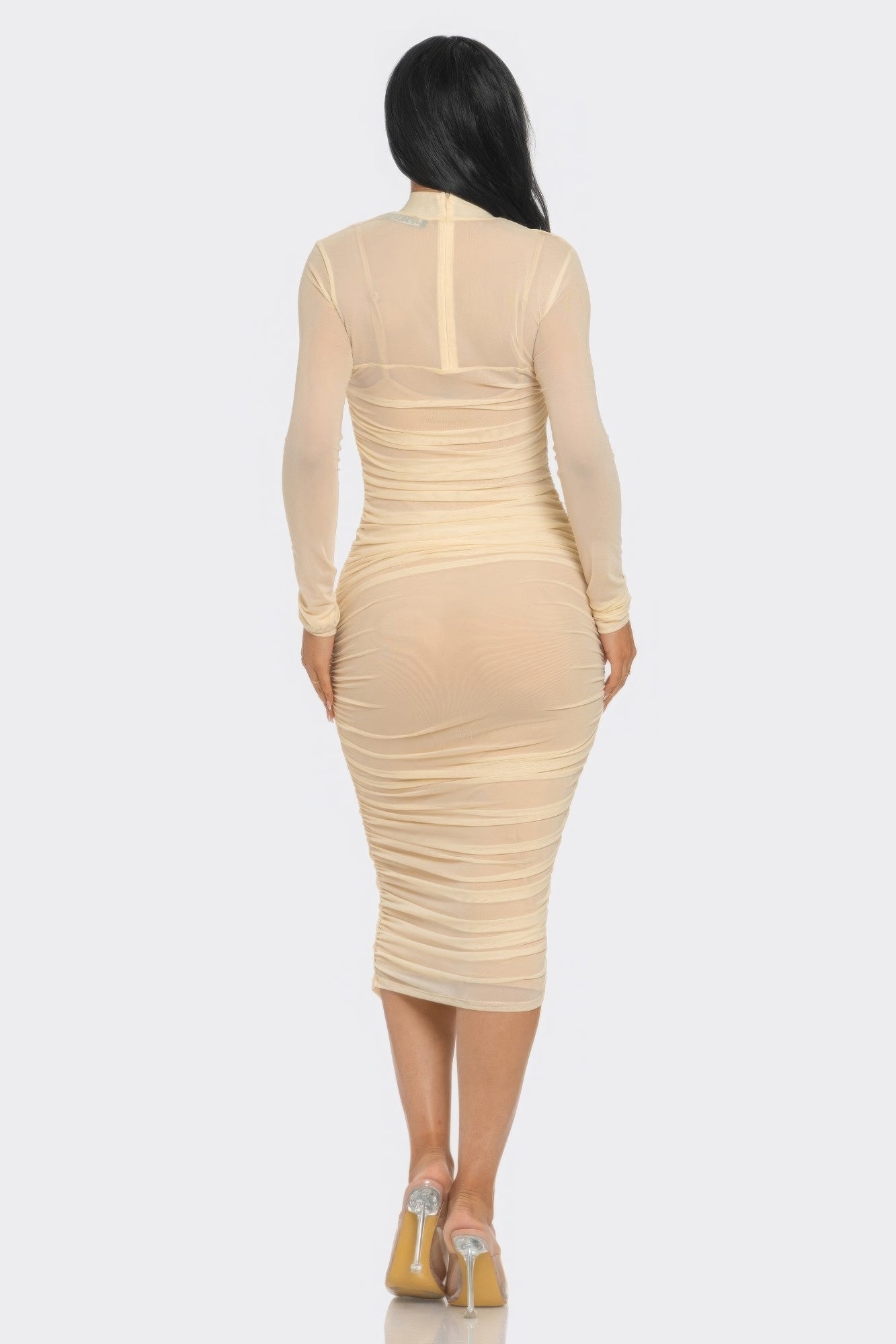 Elegant Solid Mesh Ruched Midi Dress - Brinxx Couture