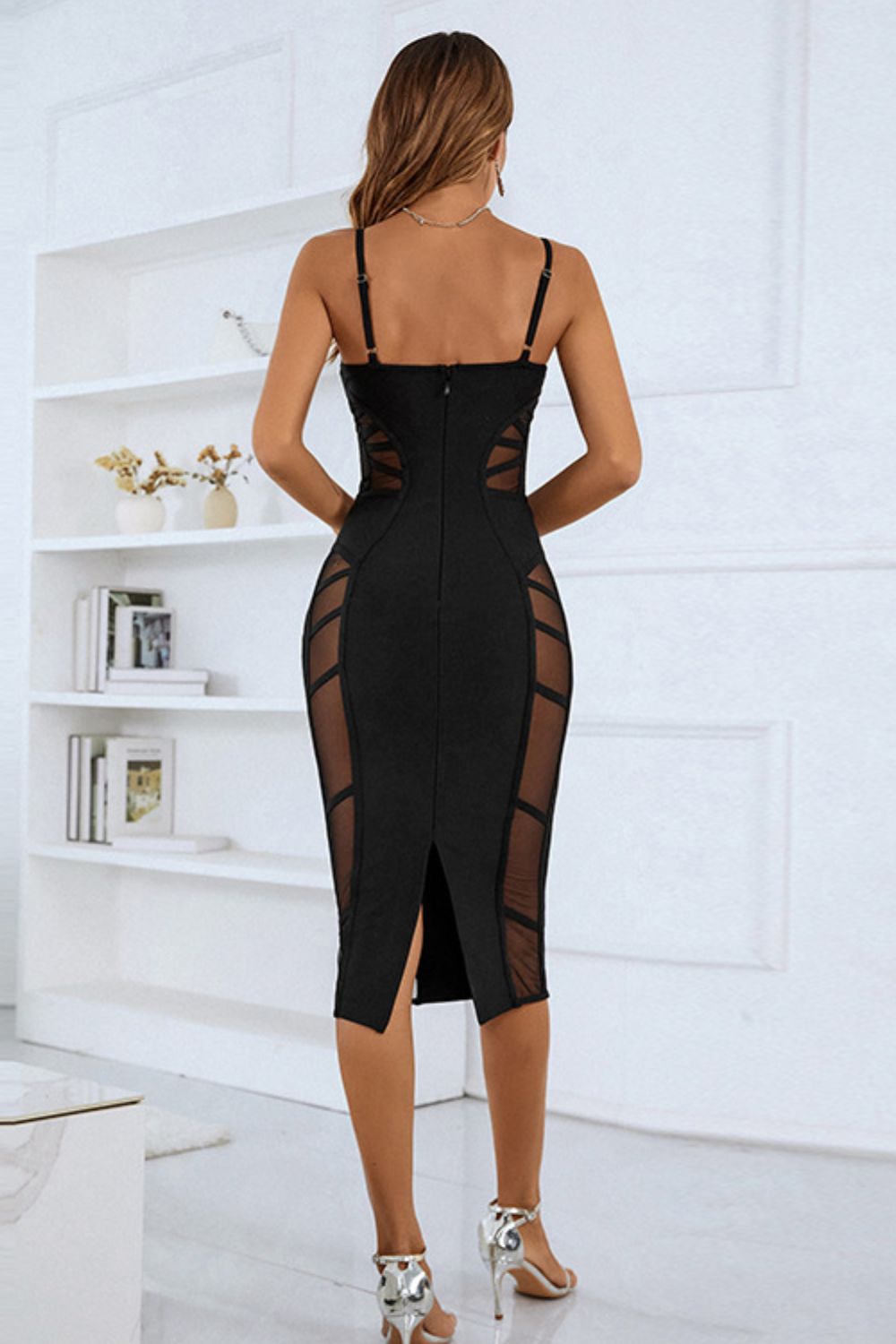 Spaghetti Strap Spliced Mesh Slit Back Dress - Brinxx Couture