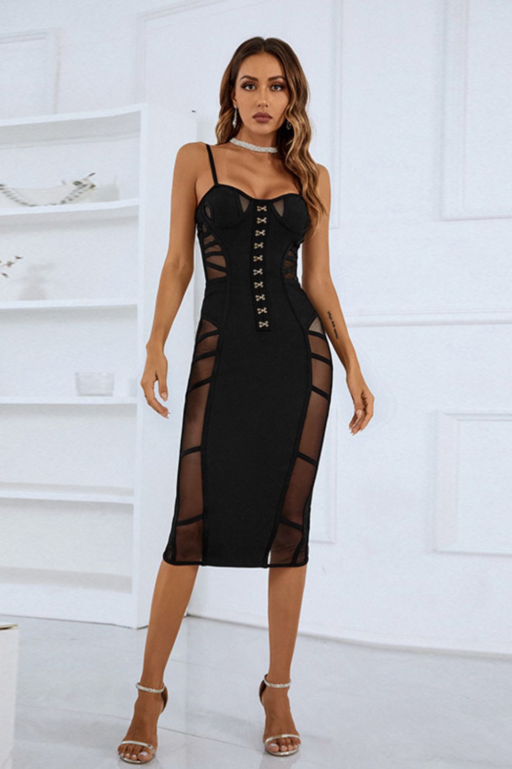 Spaghetti Strap Spliced Mesh Slit Back Dress - Brinxx Couture