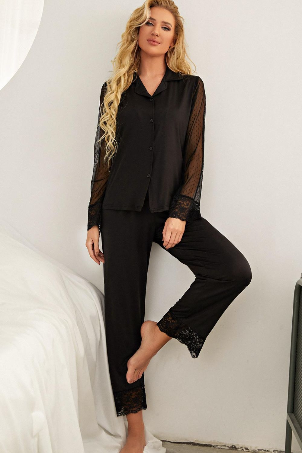 Spliced Lace Lapel Collar Pajama Set - Brinxx Couture