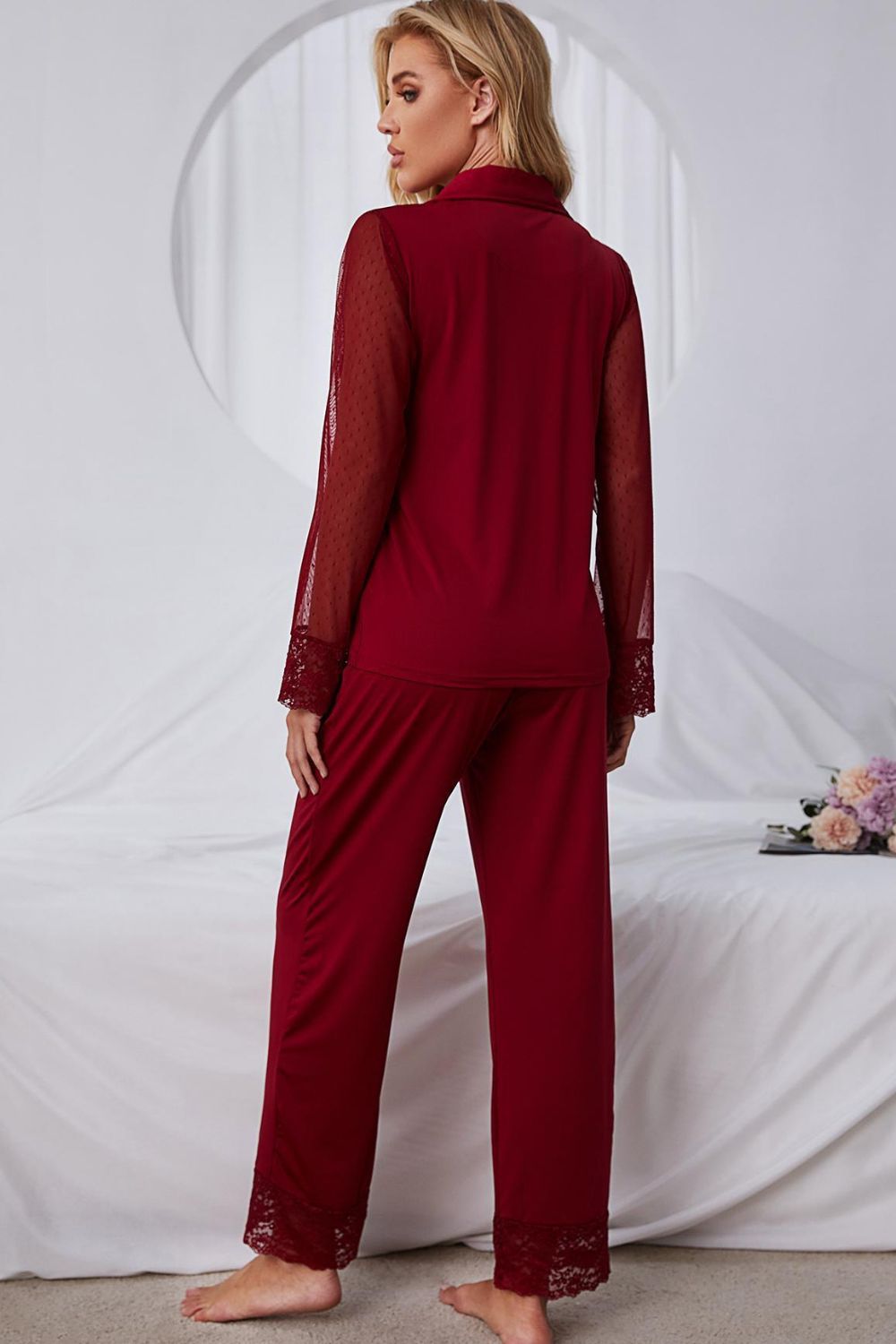 Spliced Lace Lapel Collar Pajama Set - Brinxx Couture