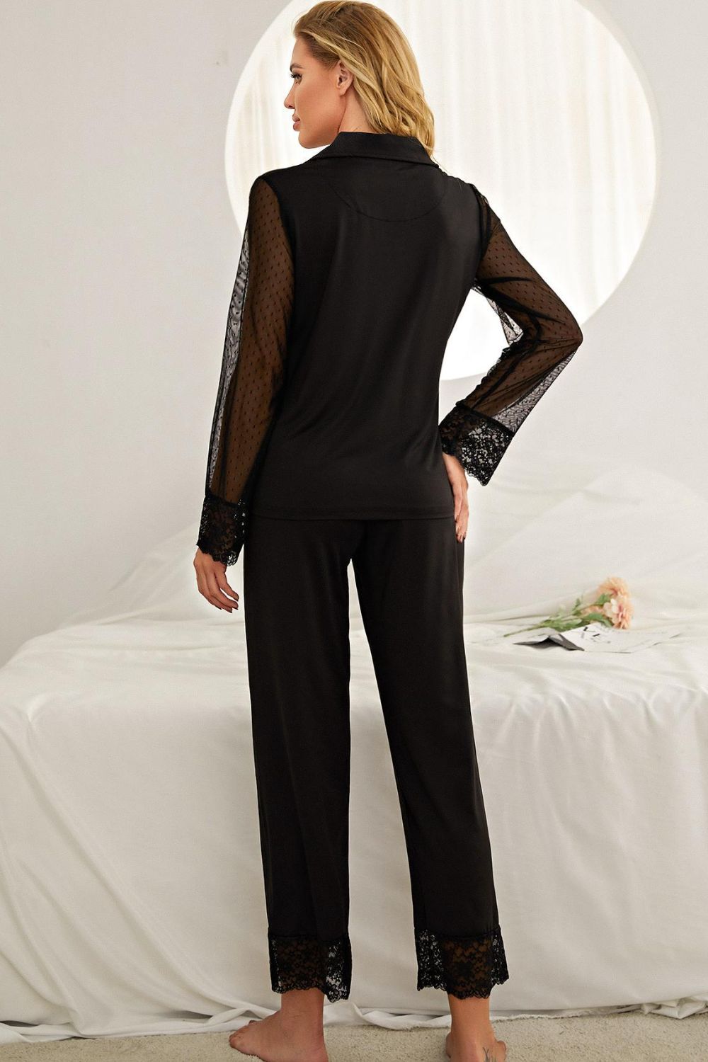 Spliced Lace Lapel Collar Pajama Set - Brinxx Couture