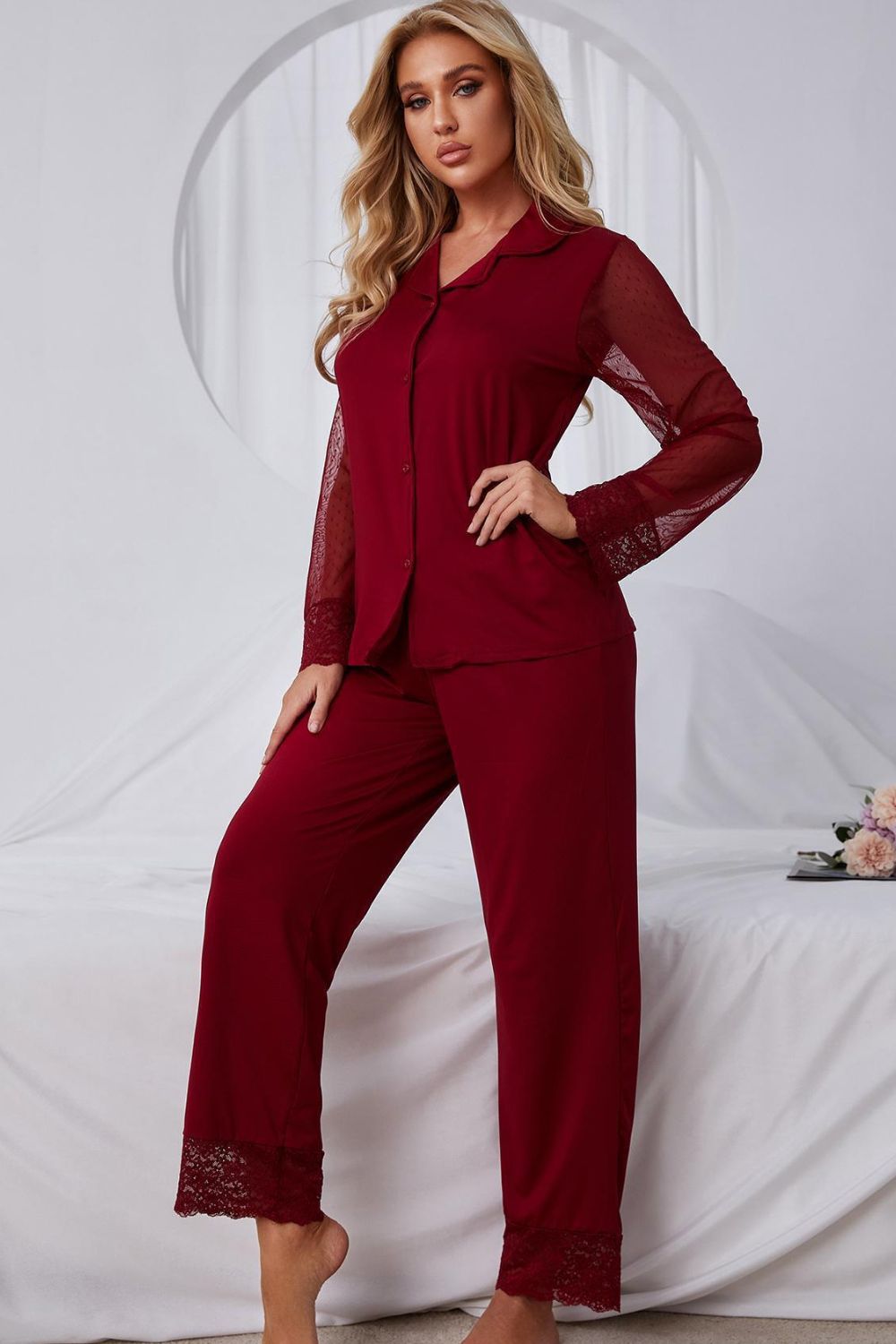 Spliced Lace Lapel Collar Pajama Set - Brinxx Couture