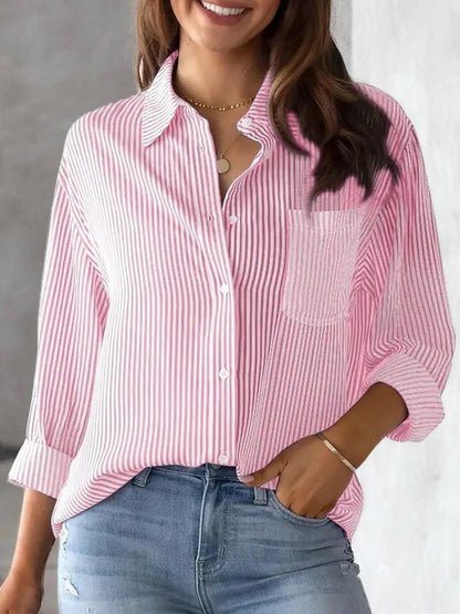 Striped Collared Neck Long Sleeve Shirt - Brinxx Couture