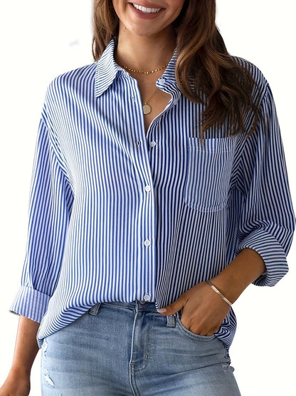 Striped Collared Neck Long Sleeve Shirt - Brinxx Couture