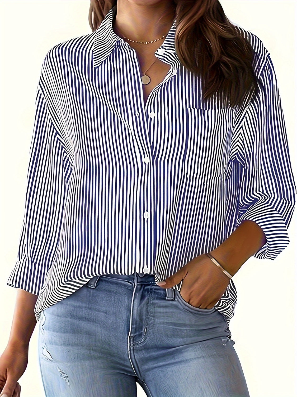 Striped Collared Neck Long Sleeve Shirt - Brinxx Couture