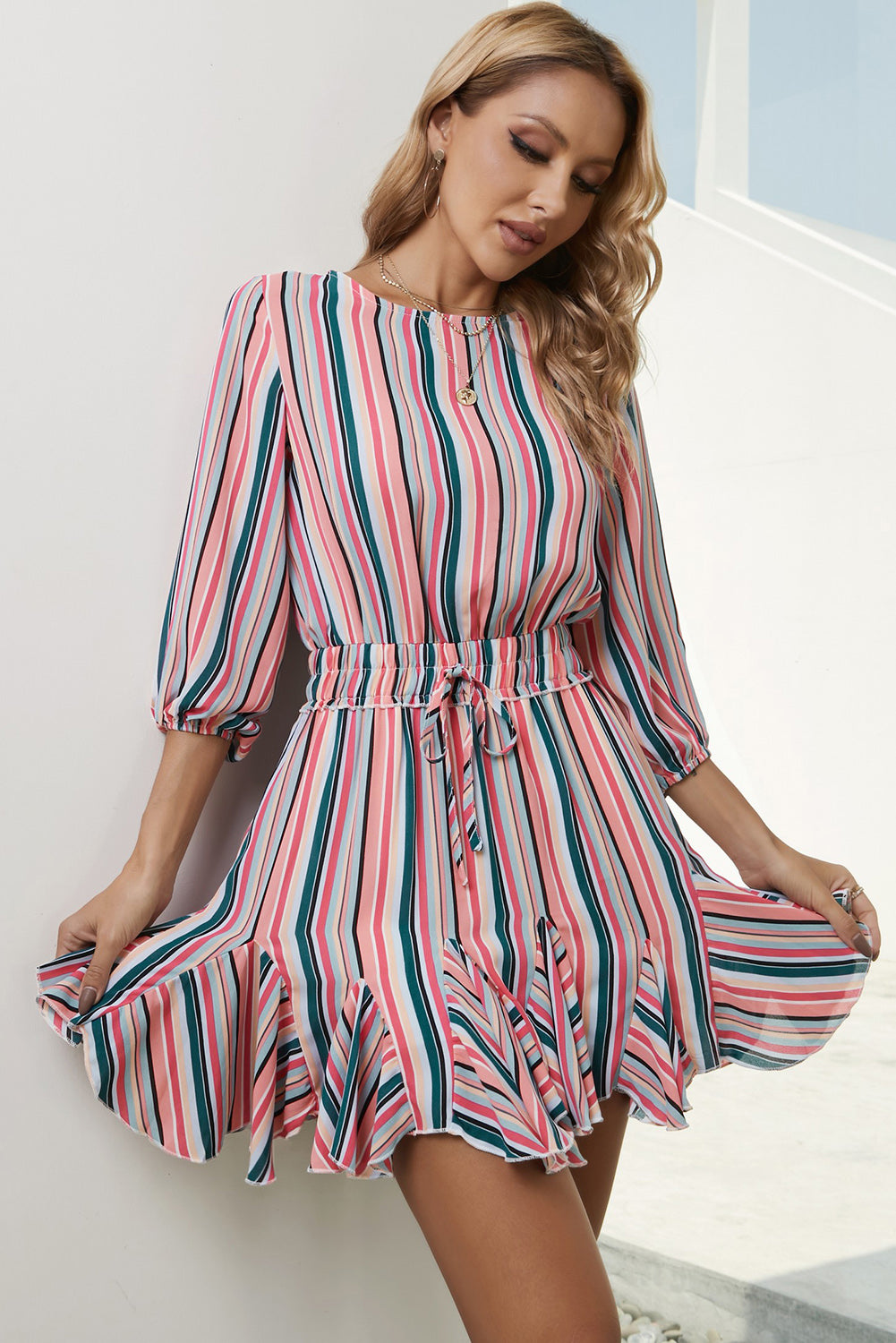 Striped Drawstring Waist Three-Quarter Sleeve Mini Dress - Brinxx Couture