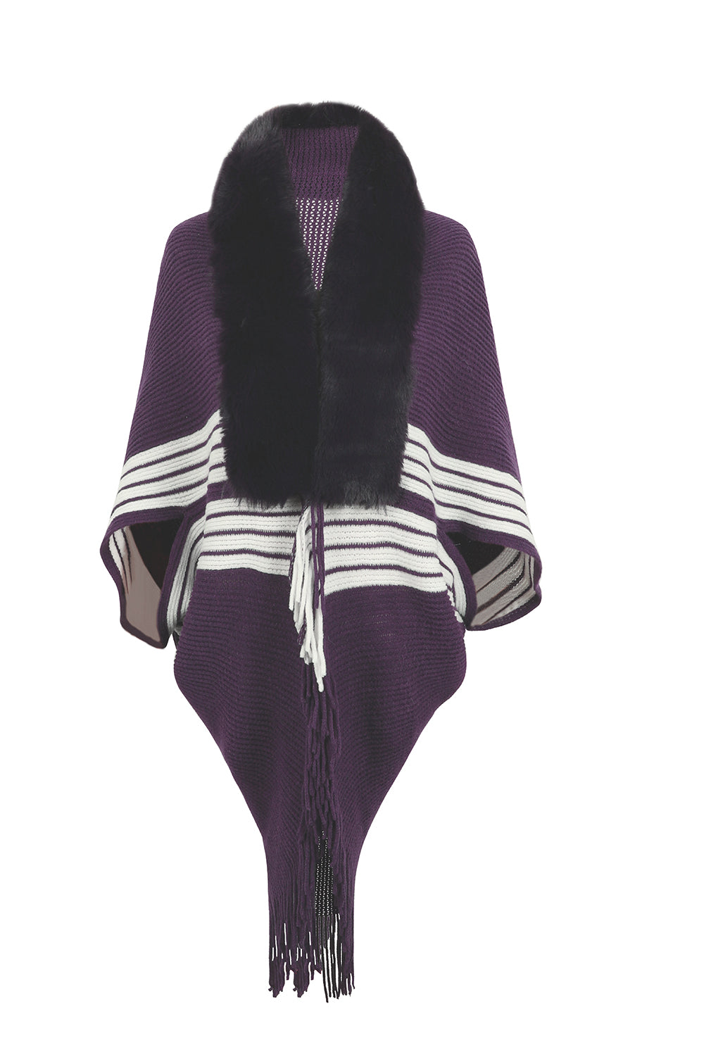 Striped Fringe Detail Long Sleeve Poncho - Brinxx Couture