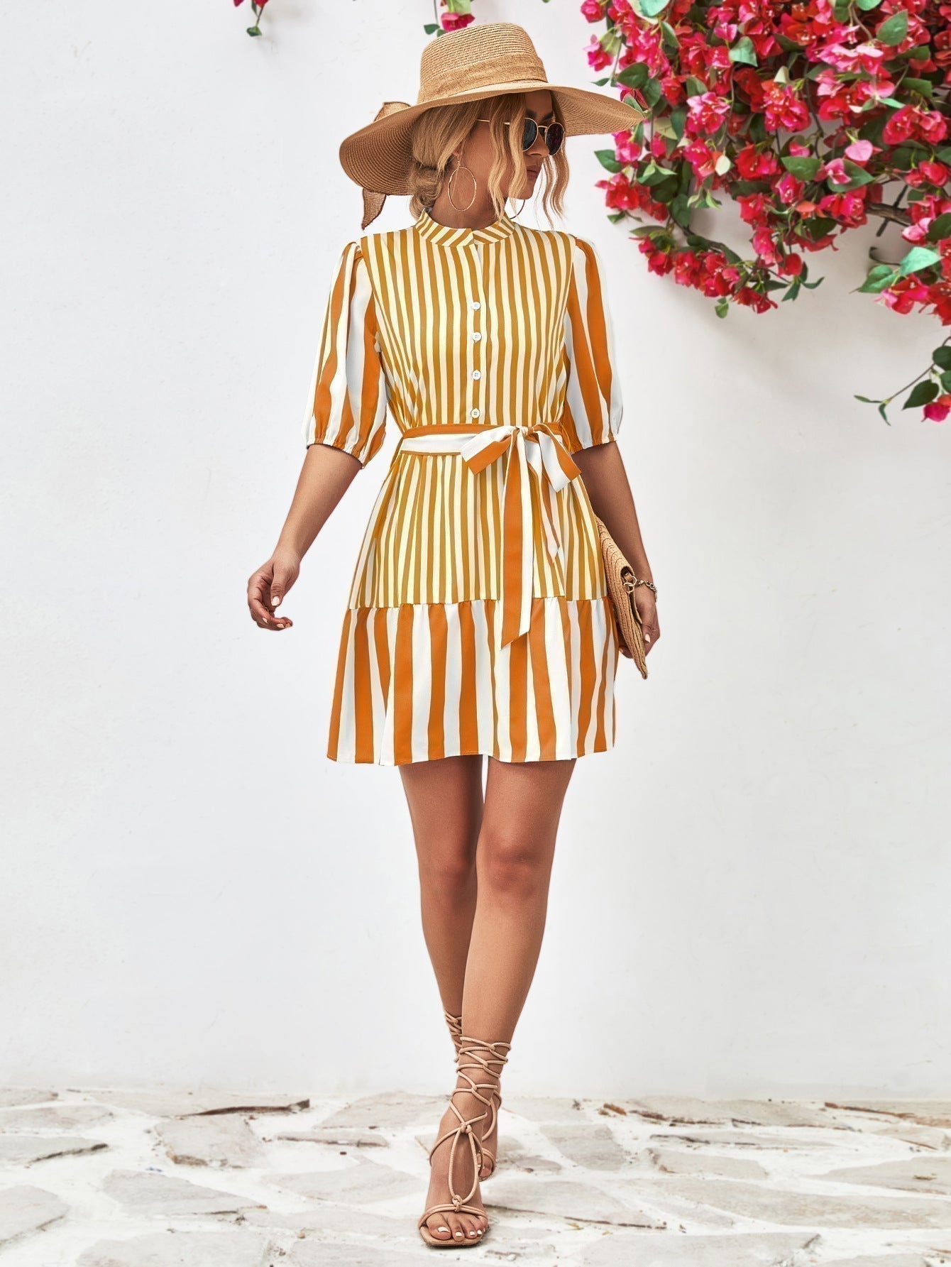 Striped Half Sleeve Tie Waist Mini Dress - Brinxx Couture