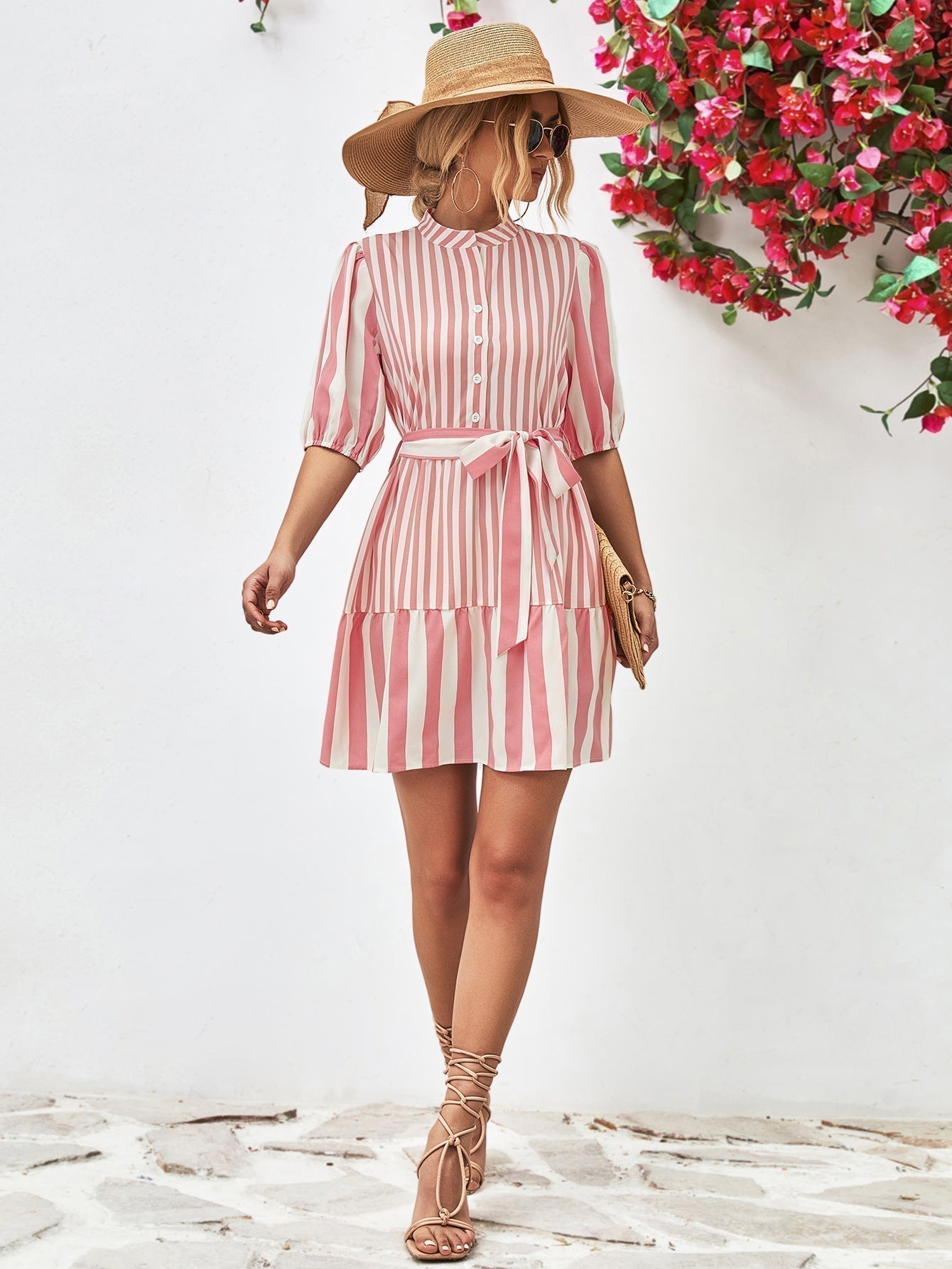 Striped Half Sleeve Tie Waist Mini Dress - Brinxx Couture