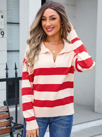 Striped Johnny Collar Knit Top - Brinxx Couture