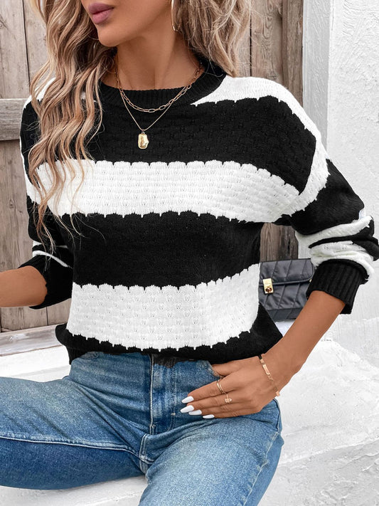 A stylish Striped Round Neck Long Sleeve Sweater for women. this piece adds a touch of elegance to your outfit - Brinxx Couture