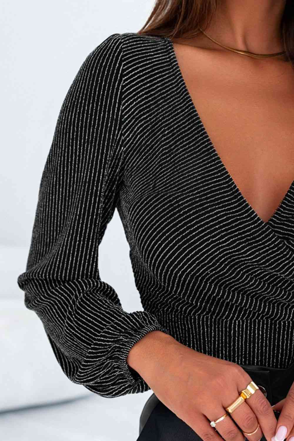 Striped Surplice Long Sleeve Bodysuit - Brinxx Couture