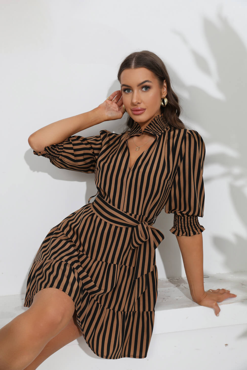 Striped Tie Belt Tiered Dress - Brinxx Couture