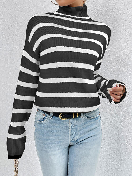 Striped Turtleneck Long Sleeve Sweater - Brinxx Couture