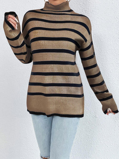 Striped Turtleneck Long Sleeve Sweater - Brinxx Couture