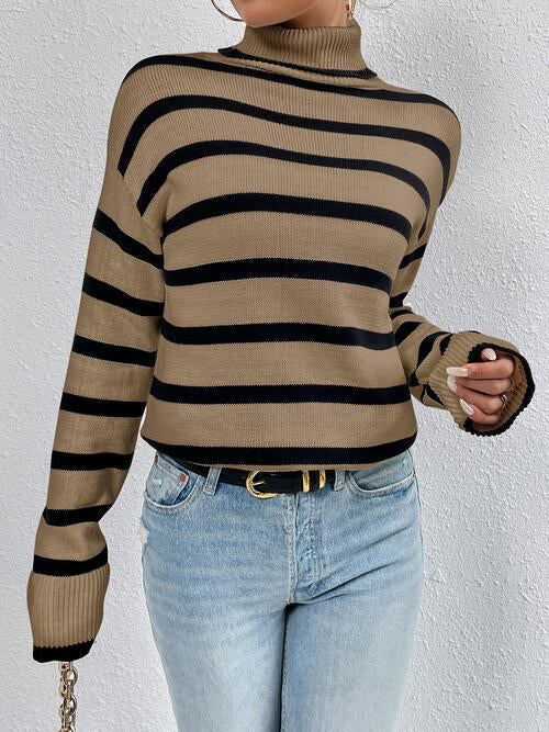 Striped Turtleneck Long Sleeve Sweater - Brinxx Couture