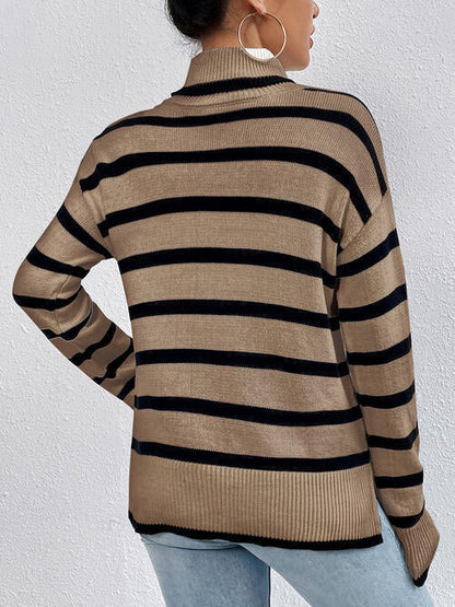 Striped Turtleneck Long Sleeve Sweater - Brinxx Couture