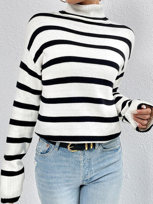 Striped Turtleneck Long Sleeve Sweater - Brinxx Couture