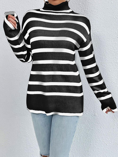 Striped Turtleneck Long Sleeve Sweater - Brinxx Couture