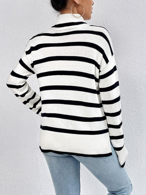 Striped Turtleneck Long Sleeve Sweater - Brinxx Couture