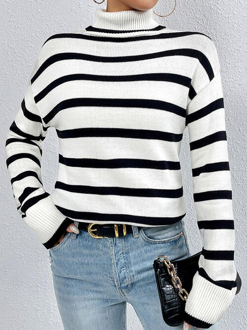 Striped Turtleneck Long Sleeve Sweater - Brinxx Couture