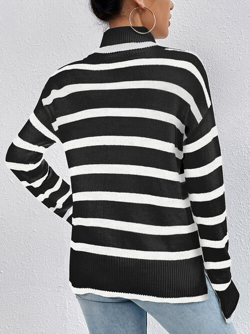 Striped Turtleneck Long Sleeve Sweater - Brinxx Couture