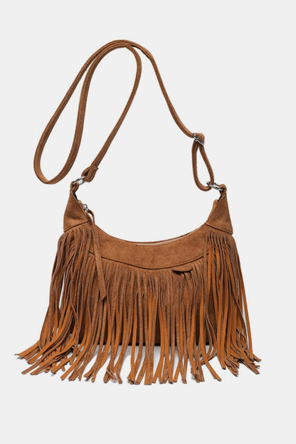 Suede Fringe Adjustable Strap Shoulder Bag - Brinxx Couture