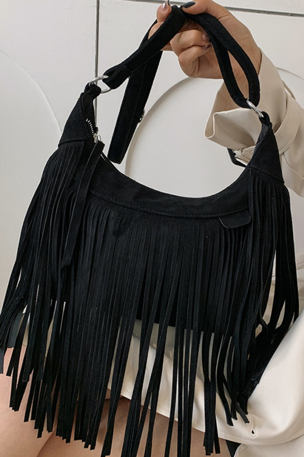 Suede Fringe Adjustable Strap Shoulder Bag - Brinxx Couture