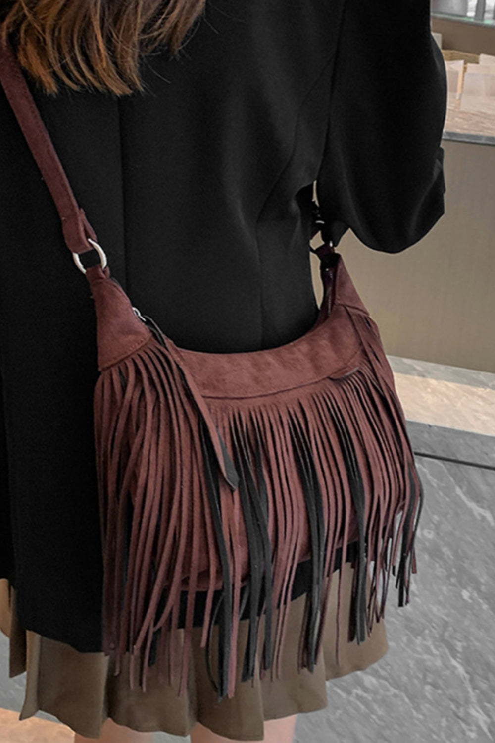 Suede Fringe Adjustable Strap Shoulder Bag - Brinxx Couture