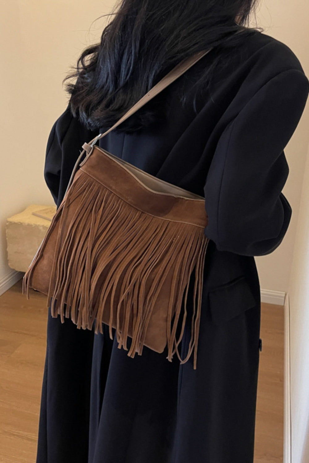 A stylish Suede Fringe Shoulder Strap Bag for women. this piece adds a touch of elegance to your outfit - Brinxx Couture