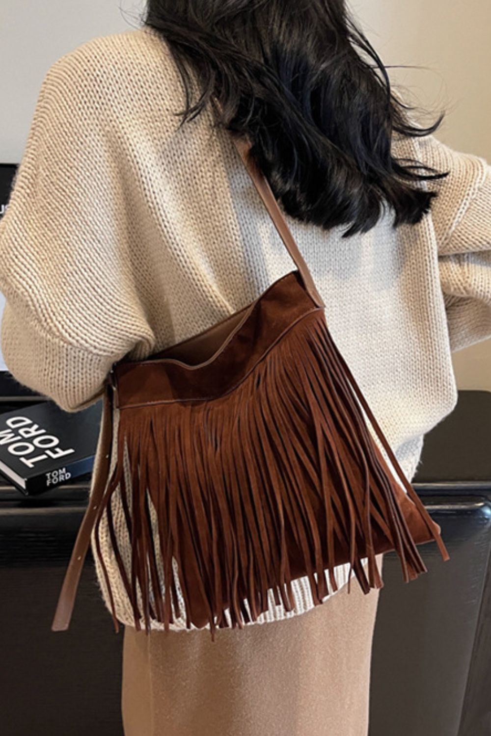 A stylish Suede Fringe Shoulder Strap Bag for women. this piece adds a touch of elegance to your outfit - Brinxx Couture