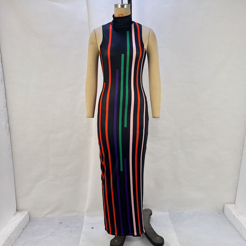 Sunken Stripe Turtleneck Sleeveless Dress - Brinxx Couture