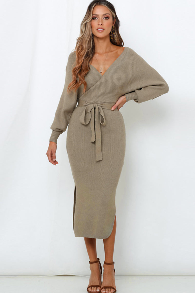 Surplice Neck Bow Waist Slit Sweater Dress - Brinxx Couture