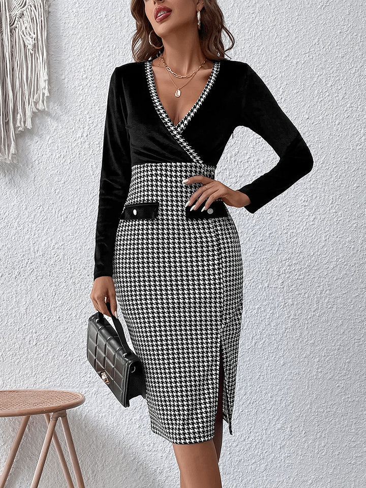 Surplice Neck Houndstooth Dress - Brinxx Couture