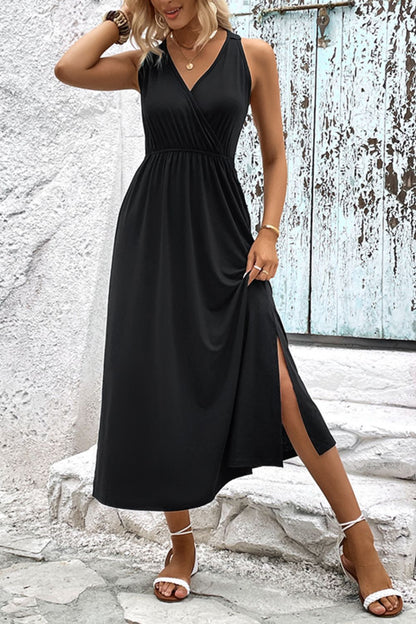 Surplice Neck Slit Sleeveless Dress - Brinxx Couture