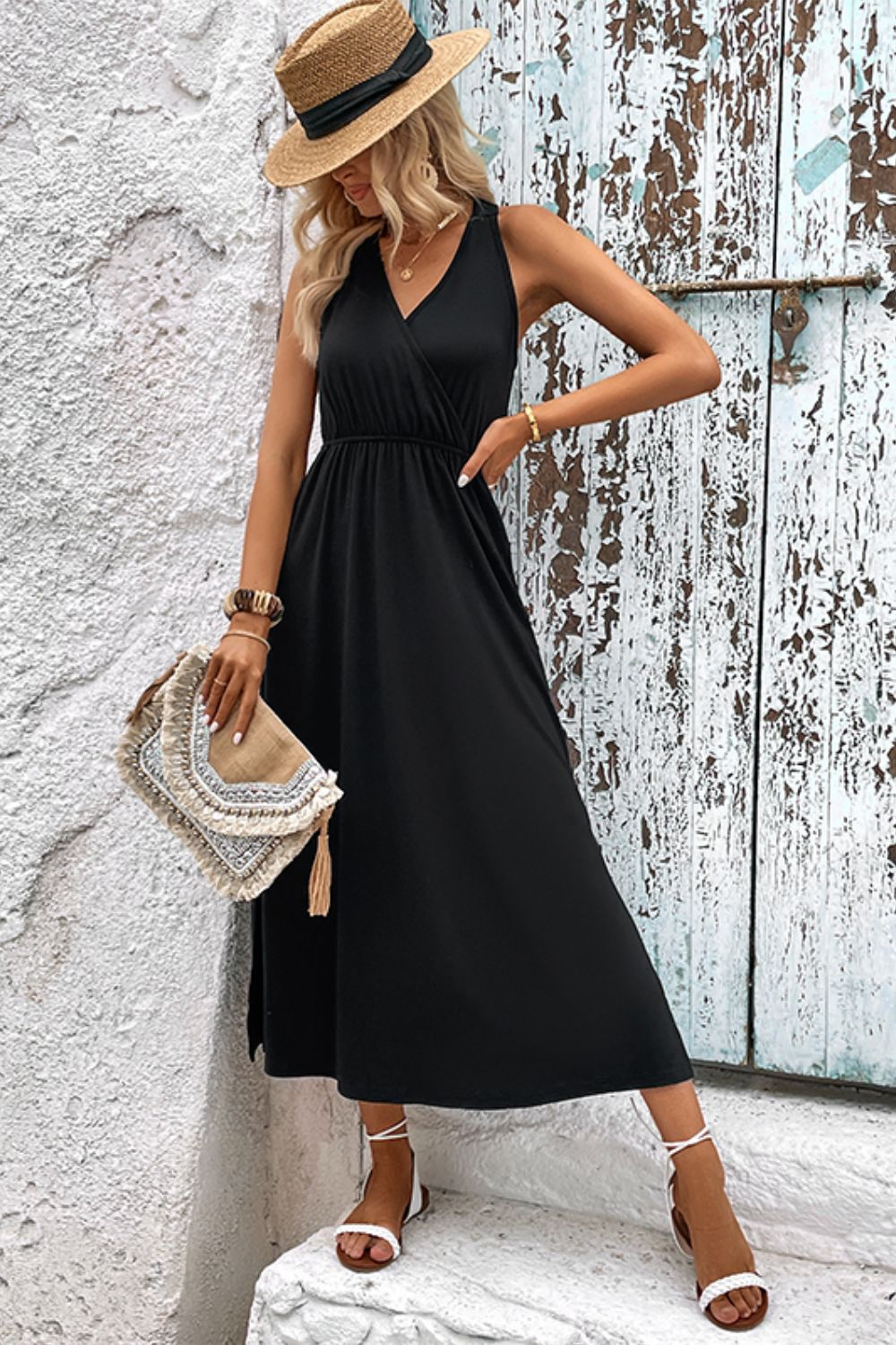 Surplice Neck Slit Sleeveless Dress - Brinxx Couture