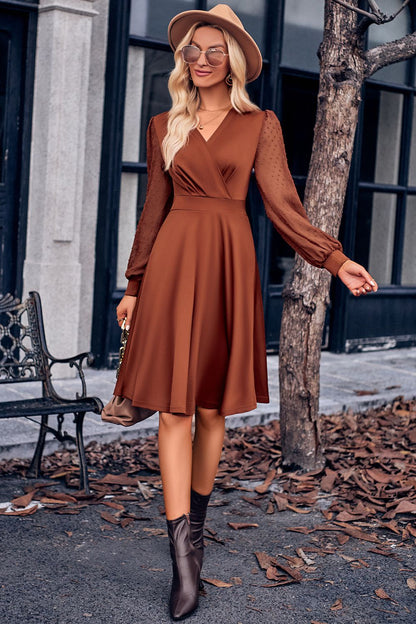 Surplice Neck Swiss Dot Long Sleeve Dress - Brinxx Couture