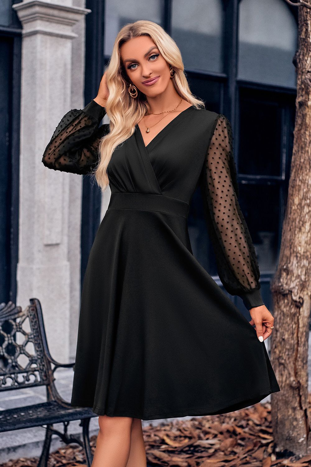 Surplice Neck Swiss Dot Long Sleeve Dress - Brinxx Couture