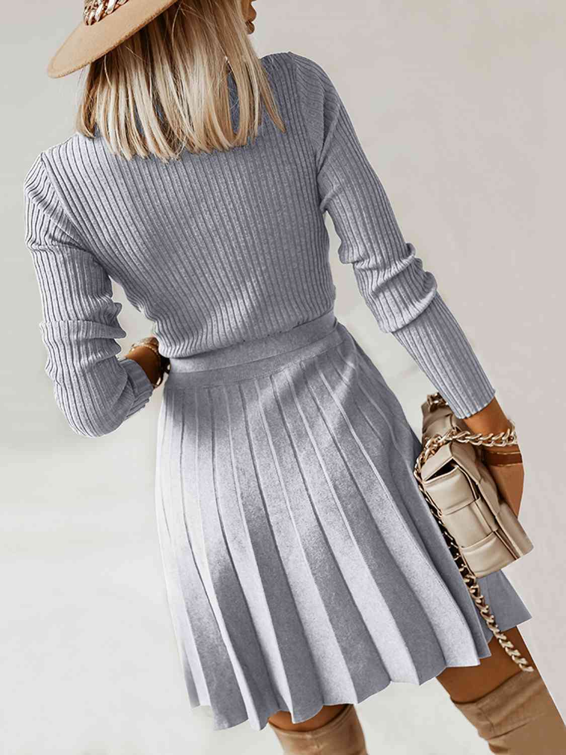 Surplice Neck Tie Front Pleated Sweater Dress - Brinxx Couture