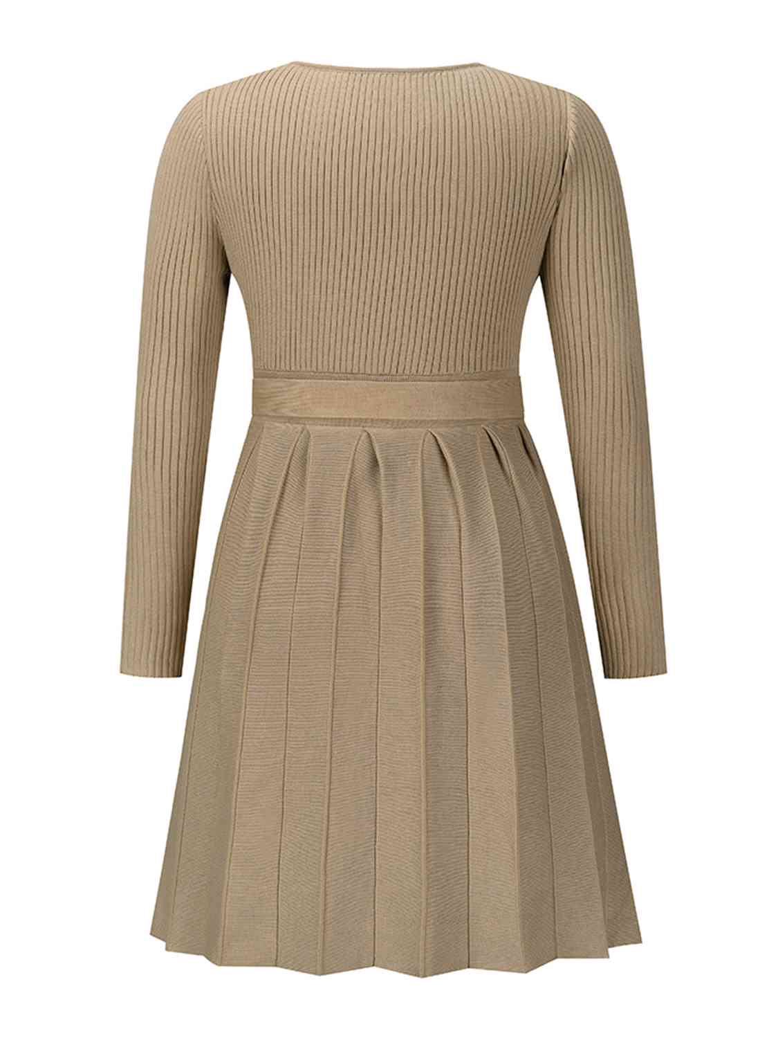 Surplice Neck Tie Front Pleated Sweater Dress - Brinxx Couture